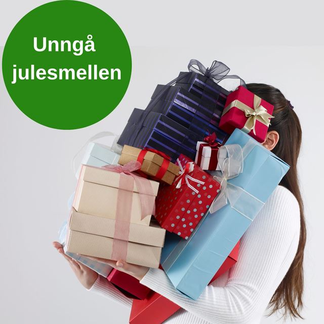 Bilde av dame med mange pakker Tekst "Unngå julesmellen"